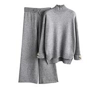 Women's Knitted Set Autumn and Winter Knitting Suit High Sweater Long Pants Loose Two Piece Set Sweater Pants Grey