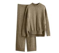 Women's Knitted Set, Winter Knitted Leisure Suit with Trousers and Top, Plain Knitted Jumper, Elastic Waist, Palazzo Trousers, Ribbed Knitted Set, Long Sleeve Leisure Suit, Loose Jogging Suit, khaki,