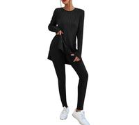 Women's Knitted Set Winter Side Split Tops and Slim Long Pants 2 Pieces Outfit Long Sleeve Casual Round Neck Blouse Elegant Solid Fashion Sport Lounge Trousers Black