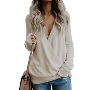 Womens Knitted Sweater Deep V-Neck Sexy Long Sleeve Cross Wrap Front Loose Sweaters Pullover Jumper Tops Apricot