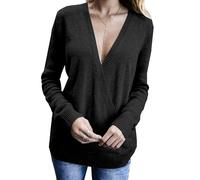 Womens Knitted Sweater Deep V-Neck Sexy Long Sleeve Cross Wrap Front Loose Sweaters Pullover Jumper Tops Black
