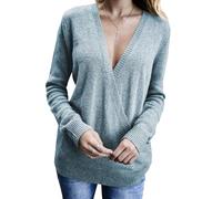 Womens Knitted Sweater Deep V-Neck Sexy Long Sleeve Cross Wrap Front Loose Sweaters Pullover Jumper Tops Light Blue