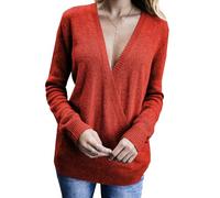 Womens Knitted Sweater Deep V-Neck Sexy Long Sleeve Cross Wrap Front Loose Sweaters Pullover Jumper Tops Red