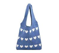 Women's Knitted Tote Bag, Crochet Shoulder Bag, Love Heart Pattern, Handbags, Everyday Knitting Bag Art And Bags, blue, One Size