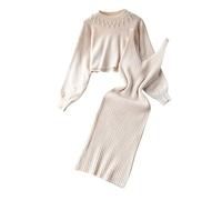 Womens Knitted Two Piece Set Bodycon Dress Pullover Top and Midi Skirt Co Ord Outfit Ribbed Knit Dress Suit Elegant Long Sleeve Sequin Evening Gown Set (Beige, One Size)