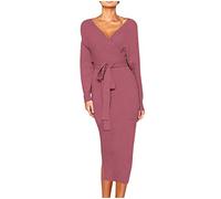 Women's Knitted V-Neck Long Sleeve Dress With Strappy Jumper, High Waist, Long Side Slit - Slim Fit Sweater, Elegant Autumn Winter Comfortable Party Dress, Pink, S
