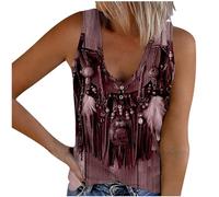 Womens Knitted Vest Ethnic Style Retro Printed V Neck Sleeveless Tank Top 2024 New Stretchy Ribbed Vest Tops with Tassels Button Down Tanks Slim Fit Ladies Tshirt Tee Blouses Crop Tops for Summer