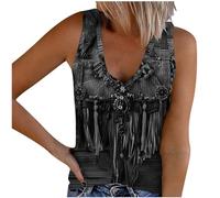 Womens Knitted Vest Ethnic Style Retro Printed V Neck Sleeveless Tank Top 2024 New Stretchy Ribbed Vest Tops with Tassels Button Down Tanks Slim Fit Ladies Tshirt Tee Blouses Crop Tops for Summer