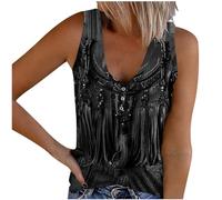 Womens Knitted Vest Ethnic Style Retro Printed V Neck Sleeveless Tank Top 2024 New Stretchy Ribbed Vest Tops with Tassels Button Down Tanks Slim Fit Ladies Tshirt Tee Blouses Crop Tops for Summer