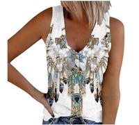 Womens Knitted Vest Ethnic Style Retro Printed V Neck Sleeveless Tank Top 2024 New Stretchy Ribbed Vest Tops with Tassels Button Down Tanks Slim Fit Ladies Tshirt Tee Blouses Crop Tops for Summer