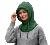 Women's Knitted Winter Knitted Hooded Hat Scarf with Adjustable Drawstring Cashmere Balaclava Beanie Hat Warm Tube Scarf Balaclava Balaclava Winter Hats, O Dark Green, One size