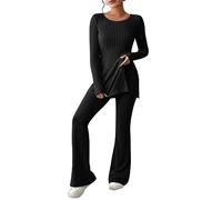 Womens Knitted Wool Suit Set Knitted Pullover Ribbed Sweater High Waist Wide Leg Pants Going Out Set Ribbed Solid Color Sexy Casual Long Sleeve Round Neck Split Fashion Two Piece Set (Black, S)