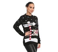 Women's Knitted Xmas Rudolph Reindeer Bambi Deer Santa Elf Top - Unisex Long Sleeve Merry Christmas Jumper (to The Pub Black, M-L)
