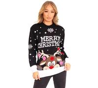 Women's Knitted Xmas Rudolph Reindeer Bambi Deer Santa Elf Top - Unisex Long Sleeve Merry Christmas Jumper (Merry Christmas Pom Black, ML)