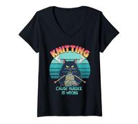 Womens Knitting Cause Murder is Wrong Angry Cat V-Neck T-Shirt