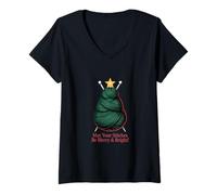 Womens Knitting Christmas Tree Stitches Merry and Bright V-Neck T-Shirt