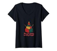 Womens Knitting Christmas Tree Stitches Merry and Bright V-Neck T-Shirt