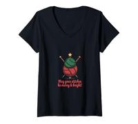 Womens Knitting Christmas Tree Stitches Merry and Bright V-Neck T-Shirt