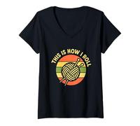 Women's Knitting How I Roll Retro Yarn Ball Needles Funny V-Neck T-Shirt