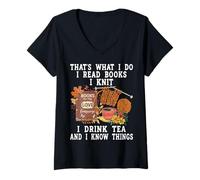 Women's Knitting Reading Books Drinking Tea Knitter Knit V-Neck T-Shirt