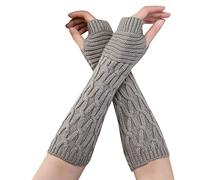 Womens Knitting Wool Half Finger Long Gloves Autumn And Winter Women Warm Dew Finger Sleeve Creased Long Gloves Gloves Mittens Convertible (B, One Size)