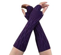 Womens Knitting Wool Half Finger Long Gloves Autumn And Winter Women Warm Dew Finger Sleeve Creased Long Gloves Gloves Mittens Convertible (Purple, One Size)