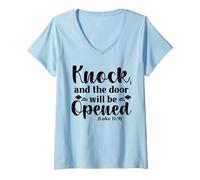 Womens Knock The Door Will Be Open - Bible Verse Christian Faith V-Neck T-Shirt