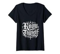 Women's Know Thyself Gothic Tattoo Typography Graphic V-Neck T-Shirt