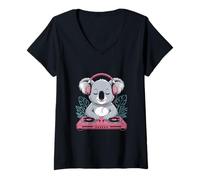 Womens Koala Dj Turntable Headphones Tropical Fun V-Neck T-Shirt