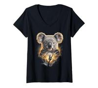 Women's Koala Howling at The Moon Fantasy Art Forest Graphic V-Neck T-Shirt