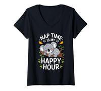 Womens Koala Pajama Nap Time is My Happy Hour Sleep V-Neck T-Shirt
