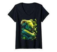 Women's Koala Shamrocks Forest St Patricks Day Forestcore Aesthetic V-Neck T-Shirt