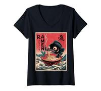 Womens Koi Fish Eat Ramen Graphic Japanese Wave Anime Style Kawaii V-Neck T-Shirt