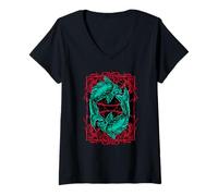 Women's Koi Fish Japanese Japan Teal Red Jinli Carp Design V-Neck T-Shirt