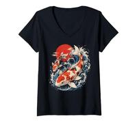 Women's Koi Fish Japanese Wave Sunset Zen Carp Artwork V-Neck T-Shirt