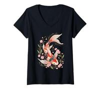 Women's Koi Fish Sakura Japanese Art Carp Aesthetic Cherry Blossom V-Neck T-Shirt