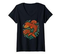 Womens Koi Fish with Lotus Flowers - Eastern Folklore Fantasy Art V-Neck T-Shirt