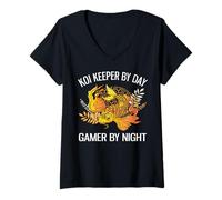 Women's Koi Keeper By Day Gamer By Night Funny Gaming Koi Lover V-Neck T-Shirt