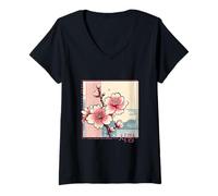 Women's Korean Cherry Blossom in Aesthetic Anime Retro Kpop Flower V-Neck T-Shirt