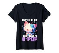 Womens Korean Pop Cat Can't Hear You I'm Listening To K-Pop V-Neck T-Shirt