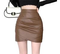 Women's Korean Sexy High-Waisted Leather Short Skirt for Autumn Winter Brown Elegant Holiday Pleated Wrap Hip Mini Skirts Champagne 3XL