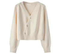 Women's Korean Style Cotton Cardigan, V-neck Long Sleeve Diagonal Button Knitted Sweater Coat, Loose Fit