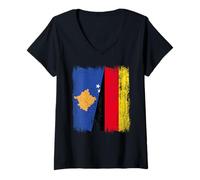 Womens Kosovo Germany Half Flag Kosovar German Unity Pride V-Neck T-Shirt