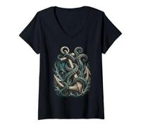 Women's Kraken Anchor Ocean Monster Tentacles V-Neck T-Shirt