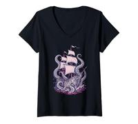 Women's Kraken Attack Ship Tentacles Ocean Monster Nautical V-Neck T-Shirt