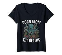 Women's Kraken Born from The Depths Octopus Sea Creature V-Neck T-Shirt