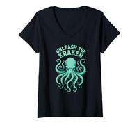 Women's Kraken Sea Monster Octopus, Unleash The Kraken V-Neck T-Shirt