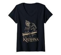 Women's Krishna Hindu God Flute Peacock Feather Devotional Gift V-Neck T-Shirt