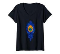 Womens Krishna Peacock Feather Hindu Spiritual Art Geometric Bhakti V-Neck T-Shirt