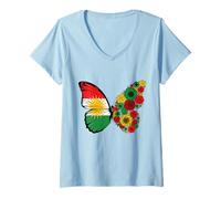 Womens Kurdish Flag Pride Kurdistan Roots Butterfly Women Girls V-Neck T-Shirt